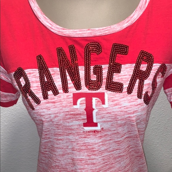 New Era Genuine Merchandise Red and White Sequined Texas Rangers Tee - Picture 2 of 10